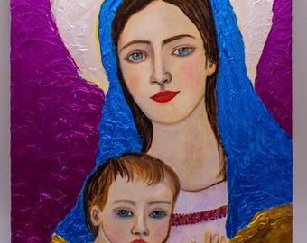 VIRGIN MARY ART, handmade wall decor, religious hanging art