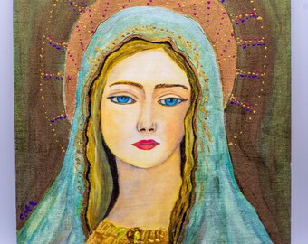 HANDPAINTED WOODEN ART, religious Virgen Mary painting