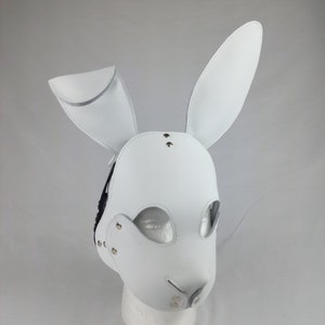 White Leather Bunny Rabbit Pet Play Hood with White Stitching