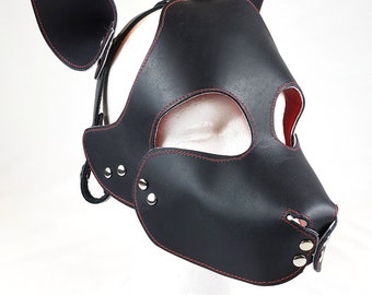 Black Leather Pup Play Hood with Red Stitching and Interior