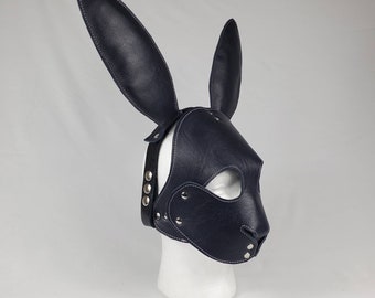 Black Leather Bunny Rabbit Pet Play Hood with Pink Stitching