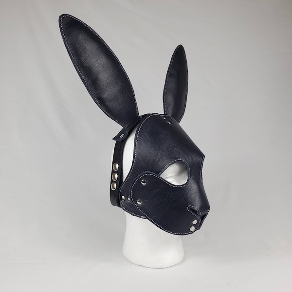 Black Leather Bunny Rabbit Pet Play Hood with Pink Stitching