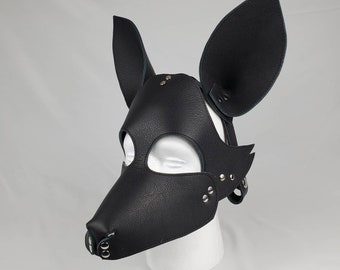Capucha de cuero negro con forma de zorro para jugar con mascotas