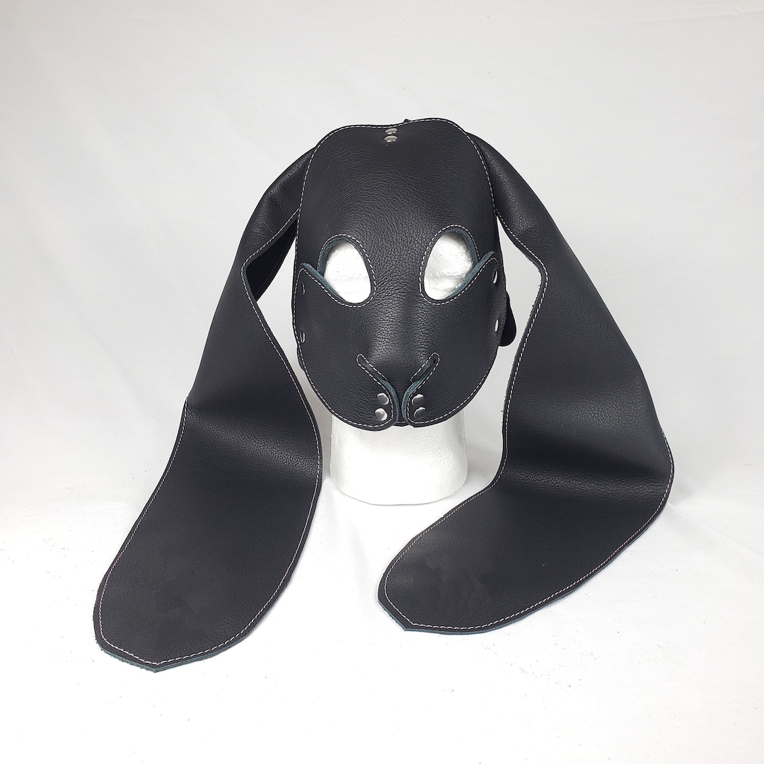 Black Leather Lop Eared Bunny Rabbit Pet Play Hood With Pink Stitching ...