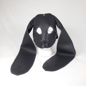 Black Leather Lop Eared Bunny Rabbit Pet Play Hood with Pink Stitching