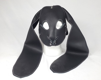 Black Leather Lop Eared Bunny Rabbit Pet Play Hood with Pink Stitching