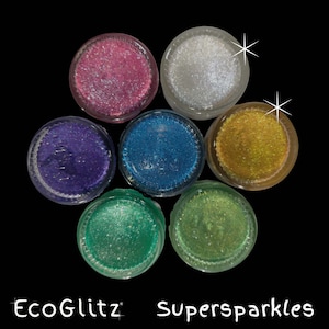 Supersparkle glitter = crystals in a certified-organic vegan cream; ocean safe, cruelty free, plastic free