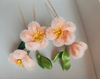 Peach Blossom Ronghua Hair Pins, Chinese Ancient Style Velvet Flowers, Handmade Fluffy Flowers, Made of Pure Mulberry Silk Threads