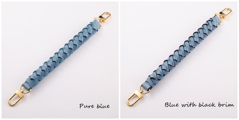 May include: Two braided leather straps with gold clasps. The strap on the left is solid blue, while the strap on the right has a black trim.