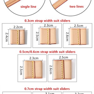 May include: A set of leather strap sliders in various sizes for different strap widths. The sliders are beige with a red edge and a gold stitching detail. The image shows three different sizes of sliders for 0.3 cm, 0.5 cm/0.6 cm, and 0.7 cm strap widths.