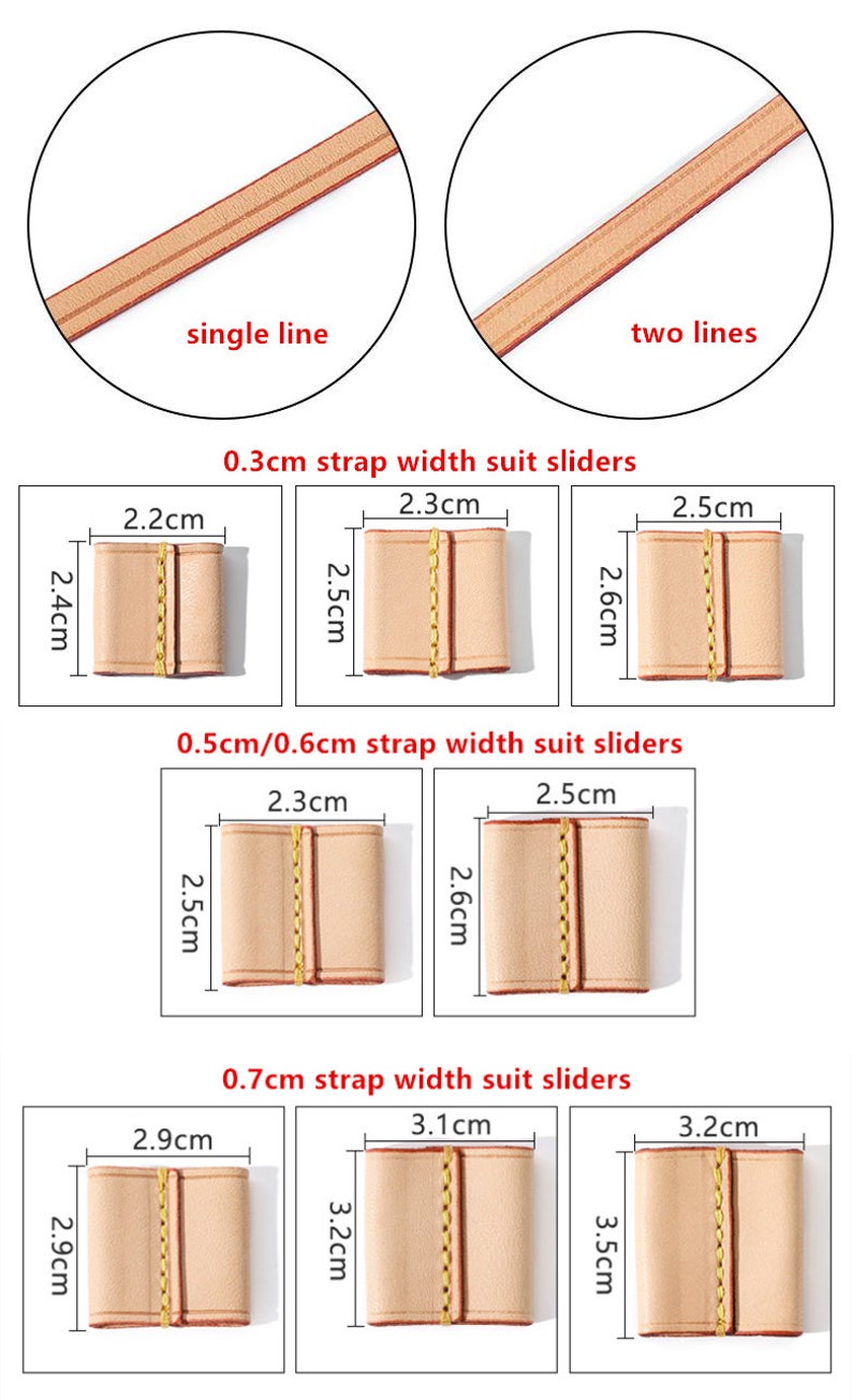 May include: A set of leather strap sliders in various sizes for different strap widths. The sliders are beige with a red edge and a gold stitching detail. The image shows three different sizes of sliders for 0.3 cm, 0.5 cm/0.6 cm, and 0.7 cm strap widths.