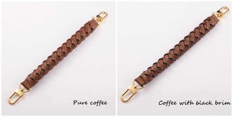 May include: Two braided leather handbag straps with gold metal clasps. The strap on the left is brown, and the strap on the right is brown with black trim. The text "Pure coffee" is below the left strap, and the text "Coffee with black brim" is below the right strap.