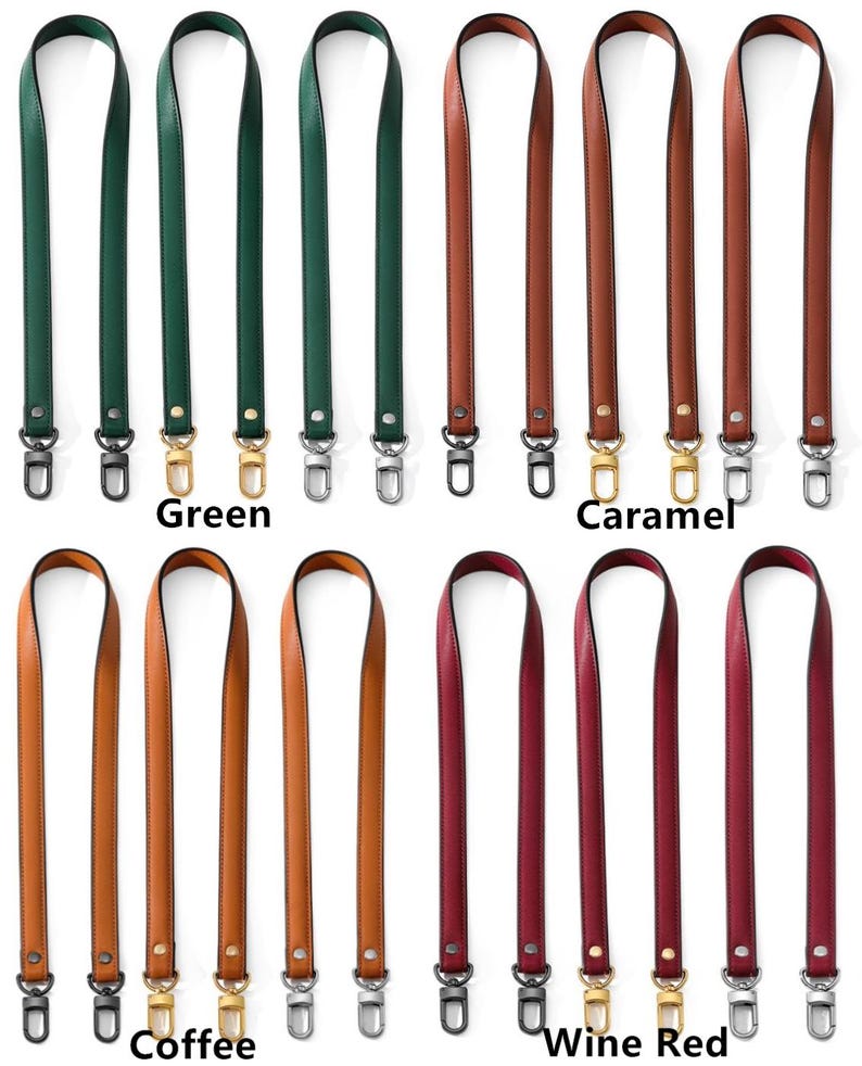 May include: A collection of leather bag straps in various colors, including green, caramel, coffee, and wine red. Each strap has metal swivel clasps for easy attachment. The word "Green", "Caramel", "Coffee", and "Wine Red" are printed below each color.