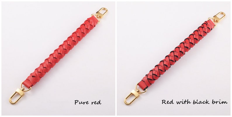 May include: Two braided leather straps with gold metal clasps. The strap on the left is solid red. The strap on the right is red with a black trim.