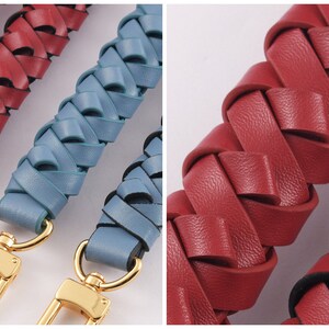 May include: Three braided leather straps with gold metal clasps. The straps are in red and blue colors.