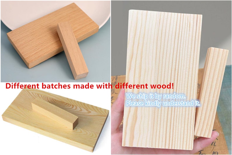 May include: Wooden blocks in shades of brown and tan. The image displays rectangular and square blocks, with visible wood grain. Text on the image states "Different batches made with different wood!" and "We ship it by random. Please kindly understand it."