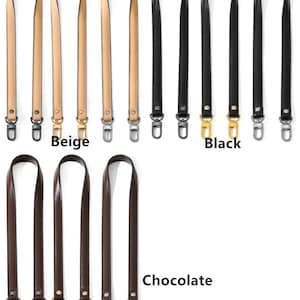 May include: A collection of leather bag straps in beige, black, and chocolate brown. Each strap has metal hardware, including clasps and rivets. The image includes the text "Beige", "Black", and "Chocolate".