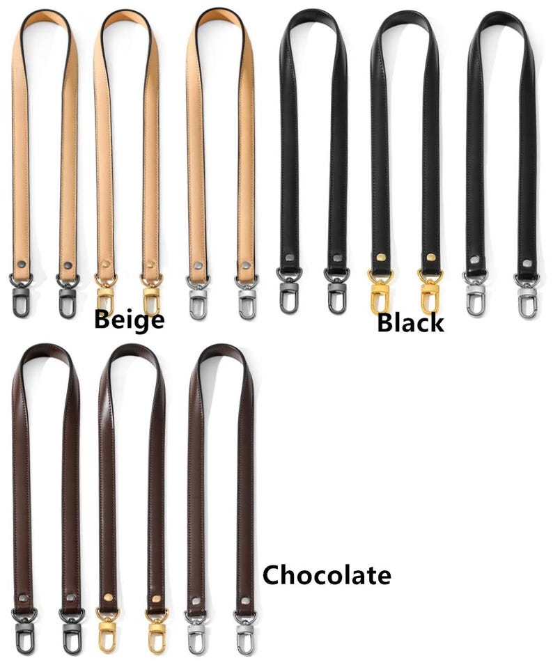 May include: A collection of leather bag straps in beige, black, and chocolate brown. Each strap has metal hardware, including clasps and rivets. The image includes the text "Beige", "Black", and "Chocolate".