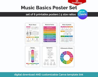 May include: A set of six printable music basics posters. Each poster features musical terms, symbols, and concepts, including the music stave, musical terms, tempo, dynamics, and the elements of music. The posters are designed with colorful graphics and text.