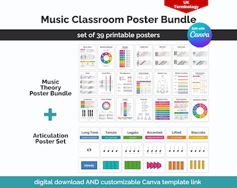 Puede incluir: Un paquete de 39 carteles imprimibles para el aula de música. Los carteles cubren la teoría musical y la articulación, con diagramas coloridos y ejemplos de notación musical. Incluye un enlace de plantilla de Canva.