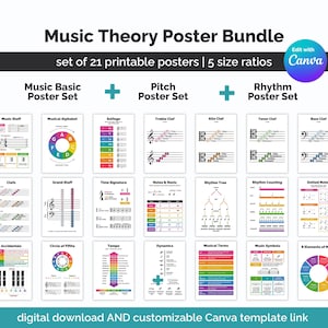Könnte beinhalten: Ein Satz von 21 druckbaren Musiktheorie-Plakaten in einem farbenfrohen Rasterlayout. Die Poster behandeln Themen wie Notensystem, musikalisches Alphabet, Schlüssel, Taktarten, Noten und Pausen, Rhythmusbaum, Rhythmuszählen, gepunktete Noten, Vorzeichen, Quintenzirkel, Tempo, Dynamik, musikalische Begriffe, Musikzeichen und Elemente der Musik. Die Poster sind mit den Worten "Music Basic Poster Set", "Pitch Poster Set" und "Rhythm Poster Set" beschriftet.