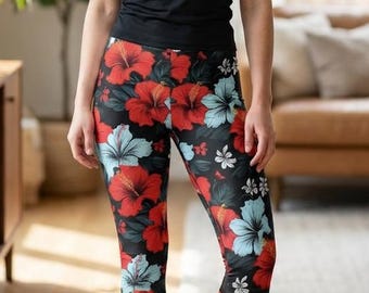 Yoga Leggings Floral | Floral Pink Hibiscus Yoga Leggings Capri | Tropical Flower Pattern Yoga Pants for Pilates & Gym Wear