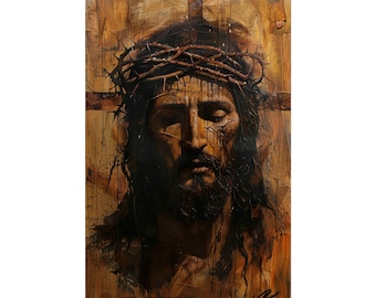 Jesus Poster | Crown of Thorns Dark Expressionist | Rustic Texture Portrait | Somber Christ Art | Christian Wall Art