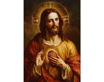 Jesus Poster | Sacred Heart Classic Ikone | Gold Halo Religiöses Portrait | Vintage katholische Kunst | Christliche Wandkunst