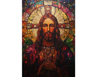 Jesus Poster | Glasmalerei Kunstdruck | Kathedrale Fenster Stil Christus | Buntes Religiöses Dekor | Christliche Wandkunst