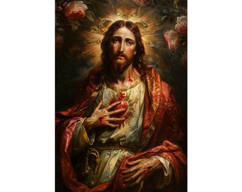 Herz Jesu | Blumengarten Rahmen | Katholische Kunst Poster | Religiöses Ölgemälde | Christliche Wandkunst