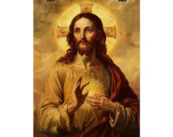 Jesus Poster | Byzantinische Ikone Sacred Heart | Kreuz Heiligenschein Christus Porträt | Traditionelle Religiöse Kunst | Christliche Wandkunst
