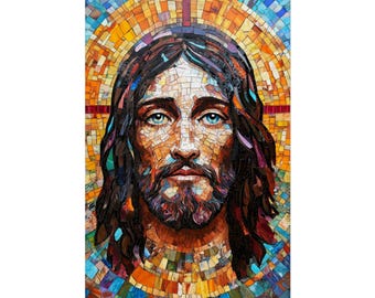 Jesus Poster | Buntes Mosaik-Porträt | Fliesenbild Christus Poster | Mosaik Jesus Gesichtsmalerei | Christliche Wandkunst