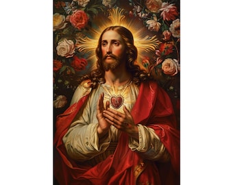 Heiligstes Herz Jesu Poster | Katholische Wandkunst | Blumen Jesus Druck | Sacred Heart Bild | Christliche Wandkunst