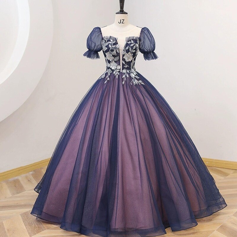 13502 Purple Frilly Cutout Back Tulle Dress