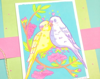 Parakeet Love/6x8 Giclee Archival Fine Art Print/Bird Artwork/Animal Painting/Budgie/Pastel Colors/Wall Decoration