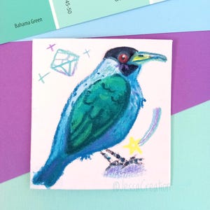 Groene honingkruiper originele mini 3 x 3" illustratie/mixed media ingelijste kunst/aquarel en wax pastel tekening/vogelcadeau/muurdecor