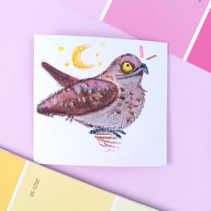 Potoo Vogel Original Mini 3x2,75 ""Illustration / Mixed Media Ungerahmt Kunst / Aquarell und Wachs Pastell Zeichnung / Vogel Geschenk / Wanddekor."
