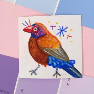 Wachtelschnabel Original Vogel Mini 3x3" Illustration/Mixed Media Ungerahmt Kunst/Aquarell und Wachspastellzeichnung/Vogelvogel Geschenk/Wanddekor