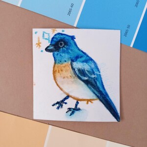 Lazuli-gors originele vogel mini 3 x 3" illustratie/mixed media ingelijste kunst/aquarel en wax pastel tekening/vogelcadeau/muurdecor