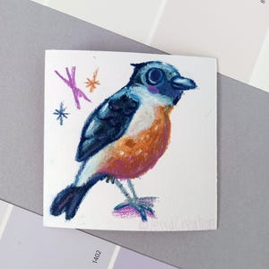 Roodborsttapuit vogel originele mini illustratie 3 x 3"/mixed media ingelijste kunst/aquarel en wax pastel tekening/vogelcadeau/muurdecor