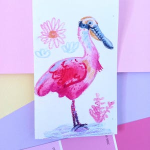 Rosenlöffelöffner Original 3x5-Zoll-Mini-Illustration / Mischtechnik Ungerahmt Kunst / Aquarell- und Wachspastellzeichnung / Vogelgeschenk / Wanddekoration