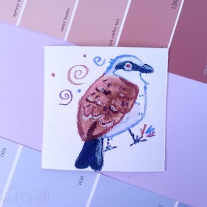 Grauwe klauwier vogel originele mini 3 x 3" illustratie/mixed media ingelijste kunst/aquarel en wax pastel tekening/vogelcadeau/muurdecor