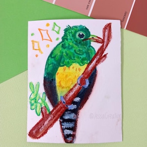 Smaragd Kuckuck Vogel Original Mini 3x3,75 "Illustration / Mixed Media Ungerahmt Kunst / Aquarell und Wachs Pastell Zeichnung / Vogel Geschenk / Wanddekoration