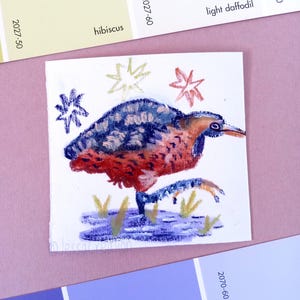 Roerdomp originele 3 x 2,75" mini illustratie/mixed media ingelijste kunst/aquarel en wax pastel tekening/vogelcadeau/muurdecor