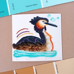 Futen originele vogel mini 3 x 2,75" illustratie/mixed media ingelijste kunst/aquarel en wax pastel tekening/vogelcadeau