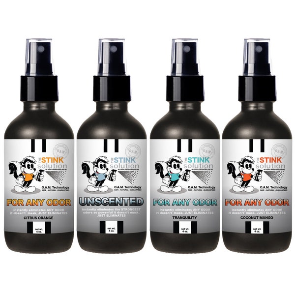 For Any Odor Remover Spray of Four (4oz) Includes: Coconut Mango, Citrus Orange, Tranquility, and Unscented | The Stink Solution Linen Spray
