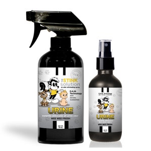 May include: Two black spray bottles with a cartoon skunk on the label. The larger bottle is labeled "The Stink Solution" and the smaller bottle is labeled "Urine". Both bottles are labeled "O.A.M. Technology" and "Wee Wee Fresh".
