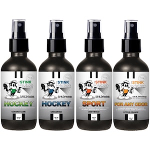 May include: Four 4-ounce bottles of odor eliminator spray with a skunk mascot. The bottles are labeled "Stink Solution" and feature different scents: Coconut Lime, Unscented, Driftwood, and Citrus Orange.
