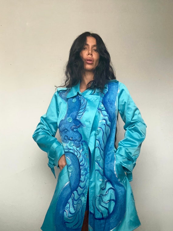 Y2K Hand Painted Blue Dragon Trench - image 5