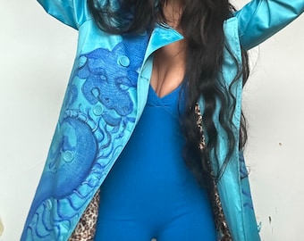 Y2K Hand Painted Blue Dragon Trench